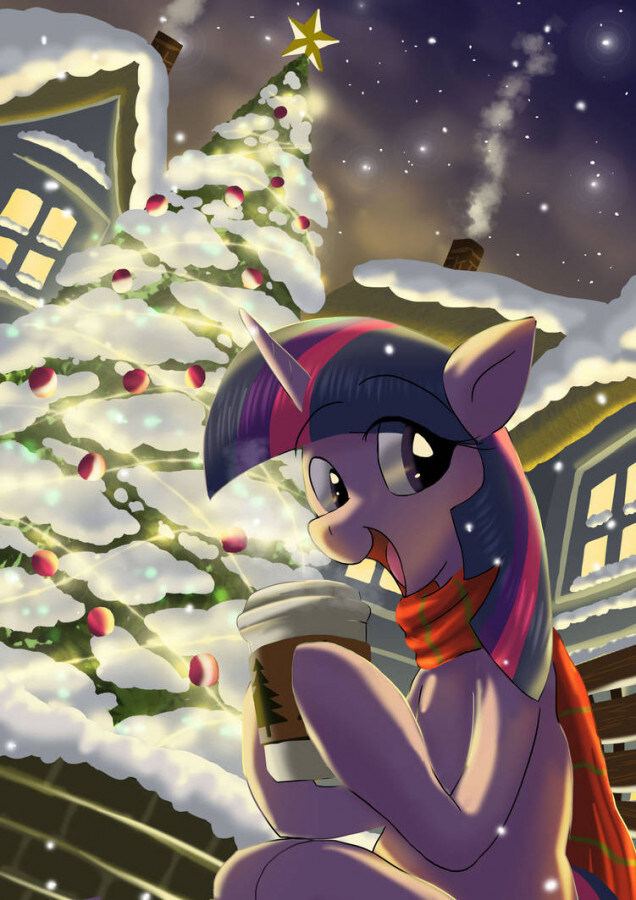 pony enjoys coffee by a Christmas tree