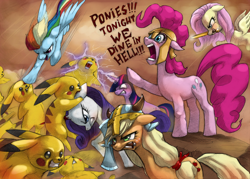 Spartan ponies are fighting hordes of Pikachu, Pinkie says, 'Ponies!  Tonight, we dine in hell!'
