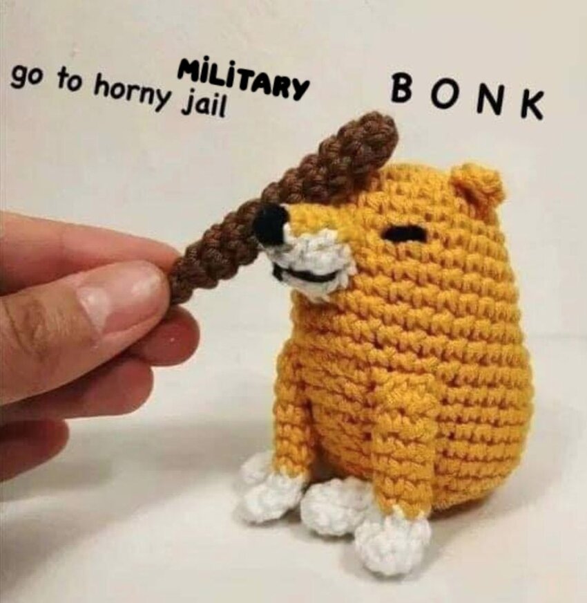someone's bonking a stuffed doge with a stuffed bat, caption, 'Go to horny military jail!'