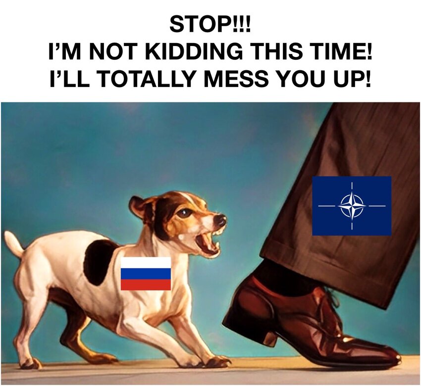 Tiny dog (Russia) threatens to bite person (NATO)'s ankles, caption 'Stop! I'm not kidding this time! I'll totally mess you up!'