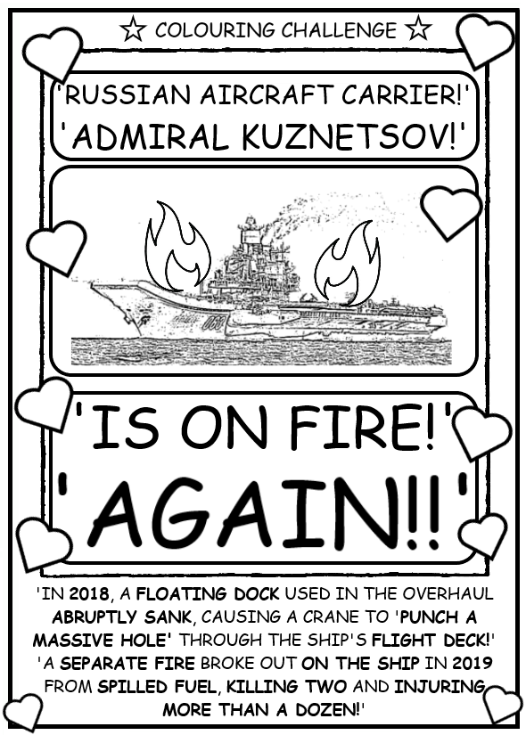 coloring book page about the Admiral Kuznetsov being on fire again