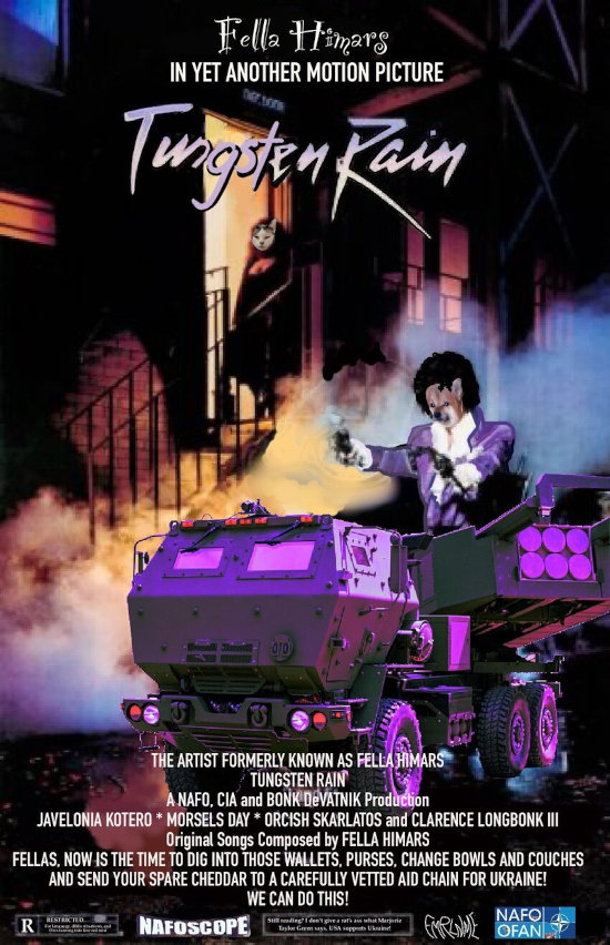 movie poster of 'Purple Rain', except it's 'Tungsten Rain', a fella, and a purple HIMARS.