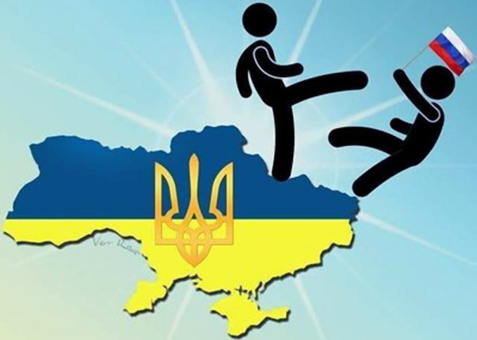 A figure kicking Russia out of Ukraine