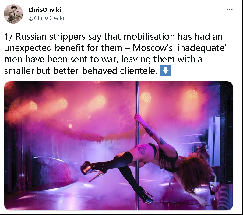 Russian strippers say that mobilization has had an unexpected benefit for them--Moscow's 'inadequate' men have been sent to war, leaving them with a smaller but better-behaved clientele.