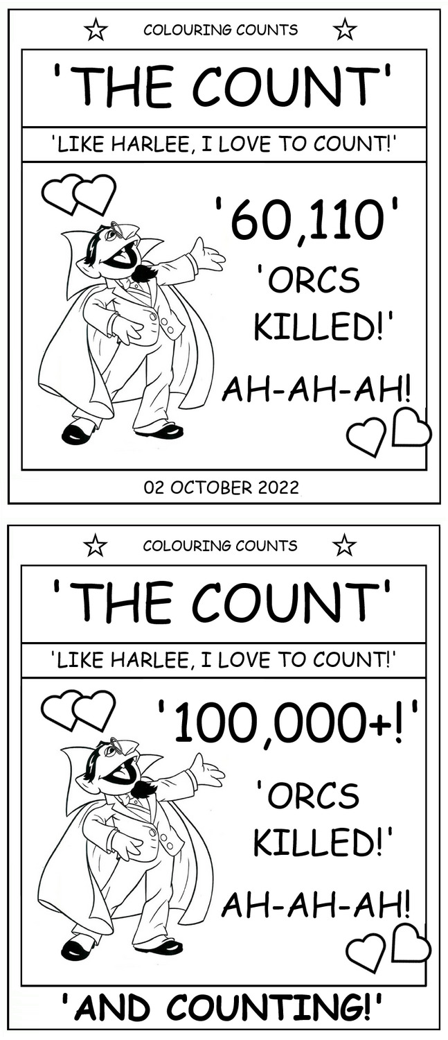 coloring book page about The Count counting the number of orcs killed so far.