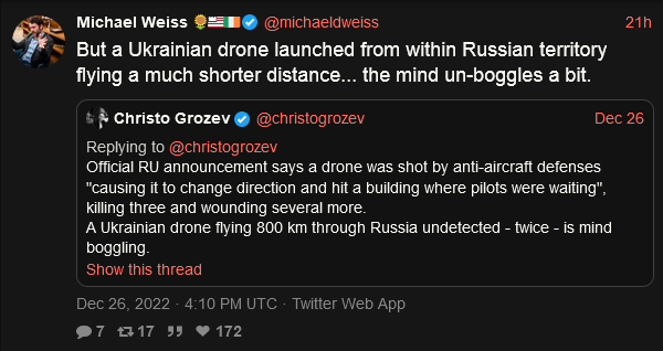 Michael Weiss tweets about a Russian report of a Ukrainian drone attack.