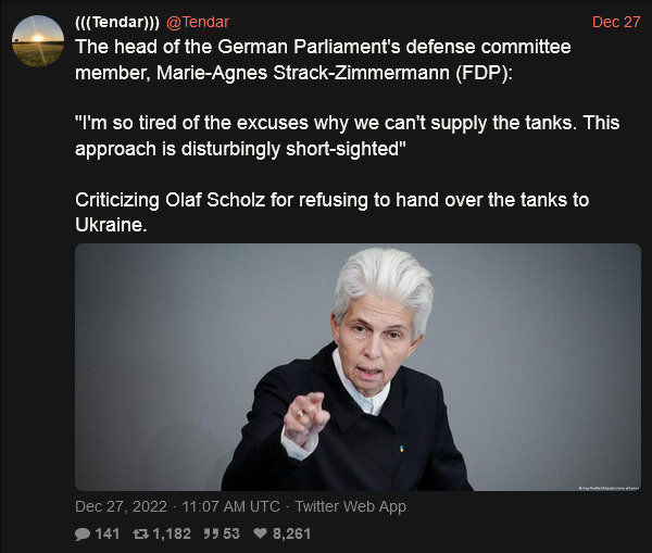 tweet where Marie-Agnes Strack-Zimmermann criticizes Scholz for refusing to give Leopard tanks to Ukraine.