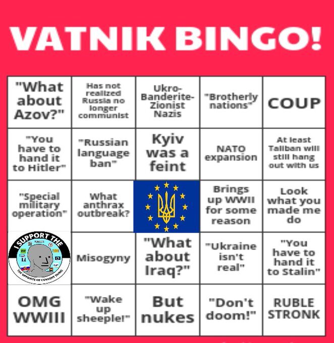 Another variant of the 'Vatnik Bingo' card