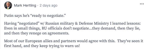 Having negotiated w/Russian military and defense ministry I learned lessons: Even in small things, RU officials don't negotiate... they demand, then they lie, then they renege on agreements.