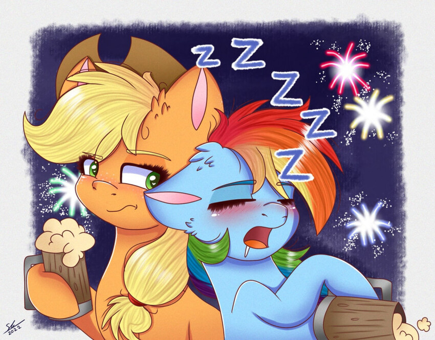 Ponies celebrate New Years, one is falling asleep.