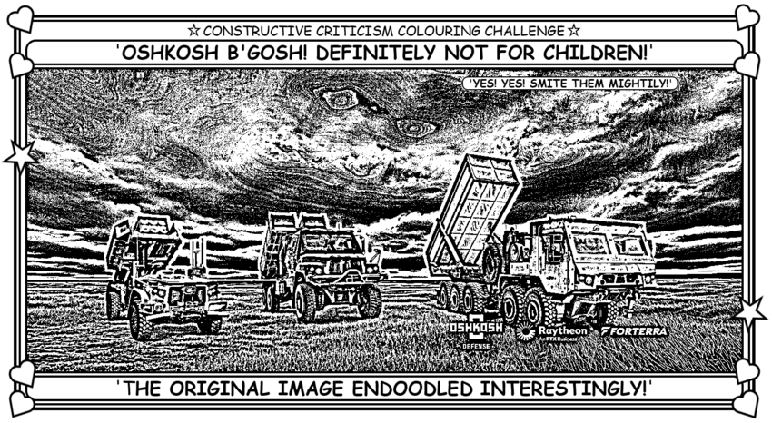 Coloring book page where the HIMARS is definitely not for children.