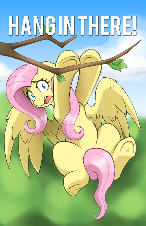 Pony barely hanging on in a tree, captioned 'Hang in there'.