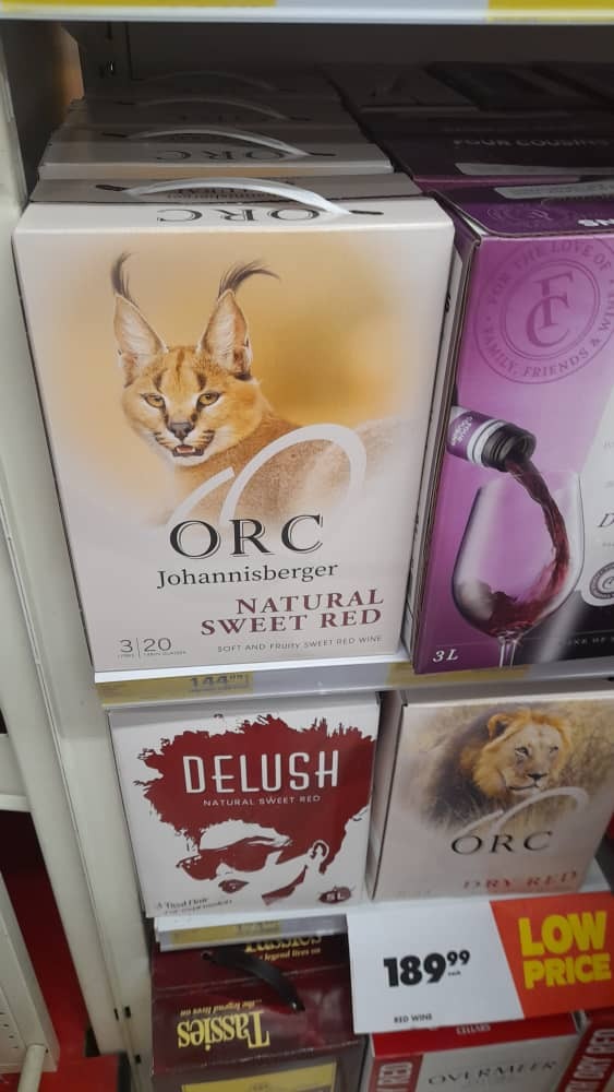 Boxed wine from Namibia, with a lynx and a lion on the packages, labeled 'Orc.'