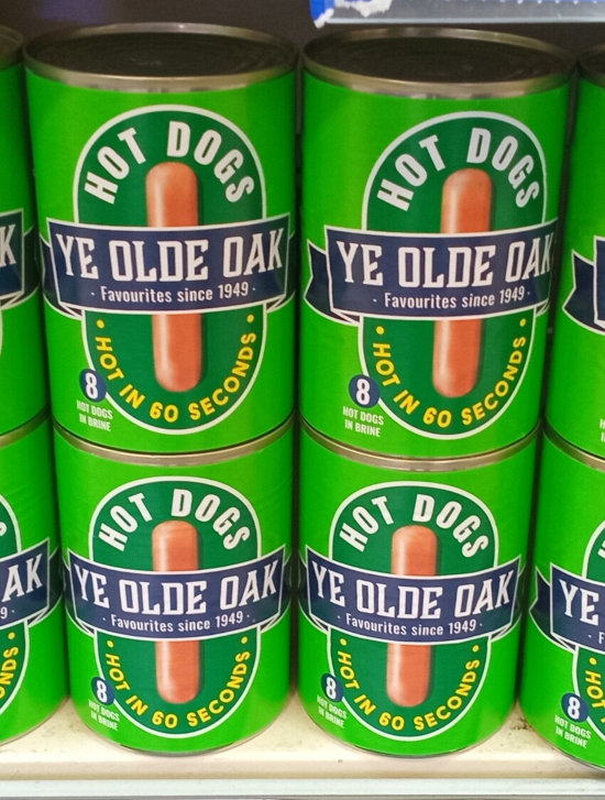 Canned British hot dogs, 8 of them.