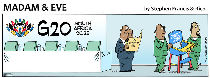 Political cartoon where Trump boycotts the G20 summit, and South Africa carries a high chair marked 'Donald Trump' out of a meeting room.