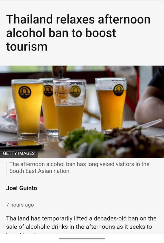 Thailand relaxes afternoon alcohol ban.