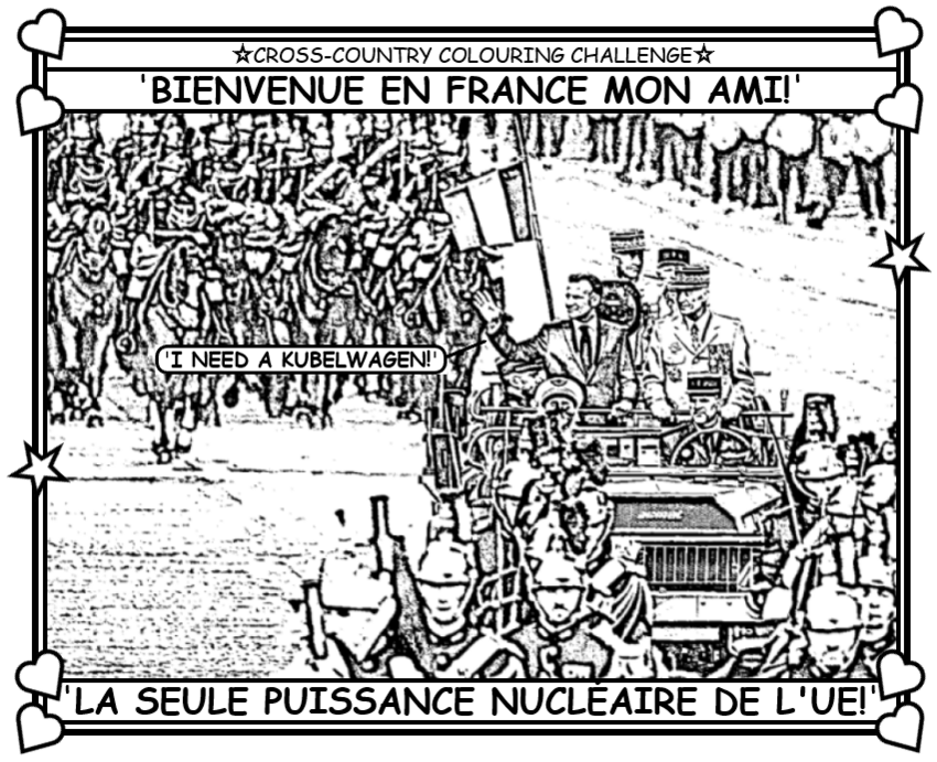 Coloring book page about France and its decision to upsize its military.
