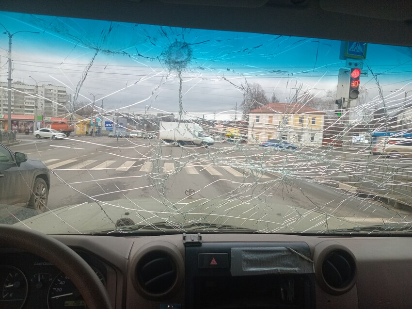 Cracked windshield due to drone; Medic Zero and his unit almost got hit.
