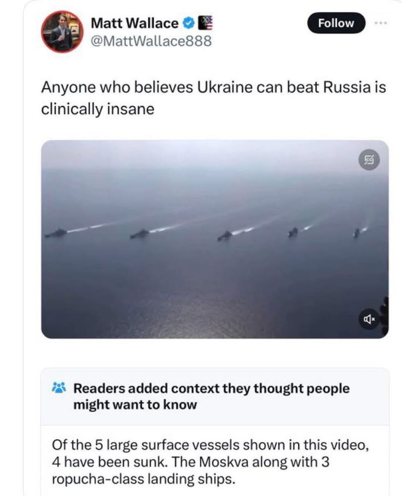 Matt Wallace: Anyone who believes Ukraine can beat Russia is clinically insane. Readers added context: Of the 5 large surface vessels in this video, 4 have been sunk.