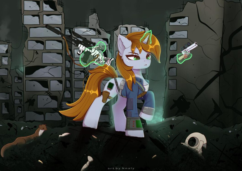 A pony holds a rifle and a pistol.
