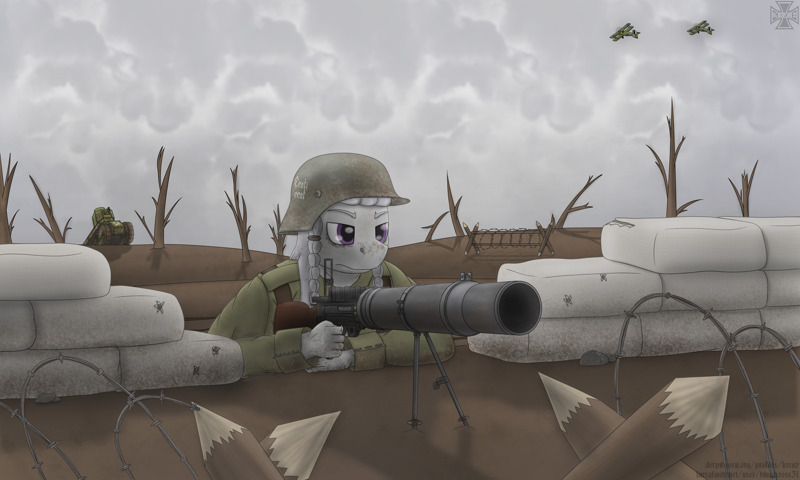 A pony near No Man's Land behind barbed wire and fortifications with a big gun.