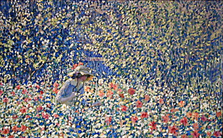 Impressionist painting of a girl in a field with thousands of flowers