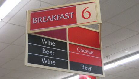 grocery store listing beer and wine as 'breakfast items' 