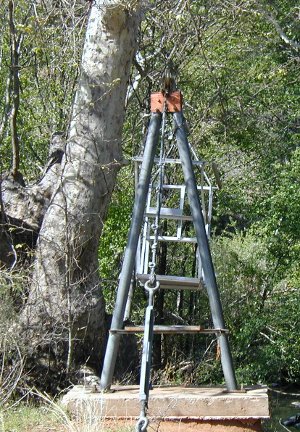 metal tripod and cable used for crossing West Clear Creek