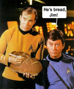 Kirk and McCoy, McCoy saying 'He's bread, Jim' 