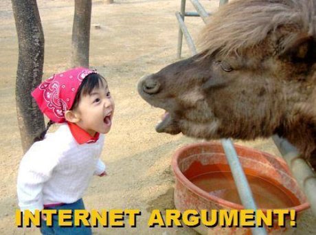 very young child yelling at cow, caption 'internet argument' 