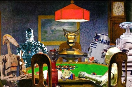 robots playing poker, C3P0, Crow, R2-D2, Tom Servo, and the T-800