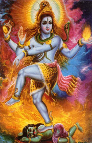 Shiva executing mudras and dancing on a dead demon