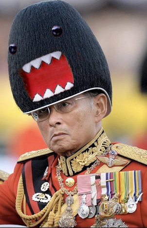 the king of Thailand wearing a hat that looks like Domo-kun