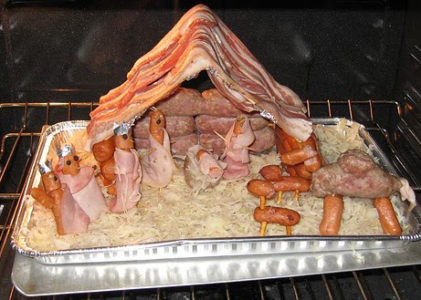 Nativity scene made entirely out of pork products, including bacon