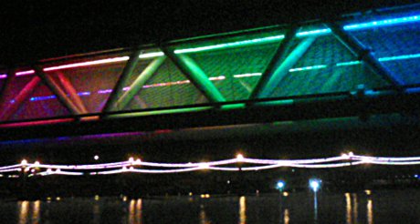 bridge in Tempe covered in colored lights