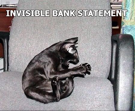 black cat looking annoyed, caption 'Invisible Bank Statement'