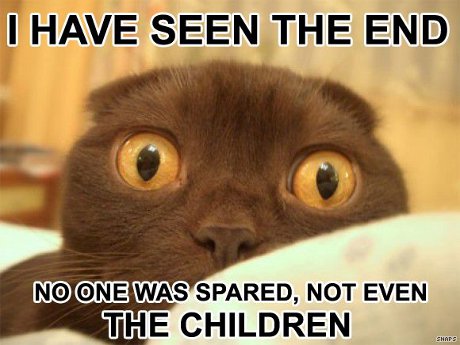 cat saying 'I have seen the end! No one was spared, not even the children!'