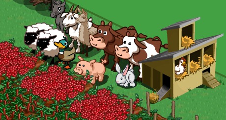 sheep, pig, llama, foal, cows, goat, duck, chickens in FarmVille