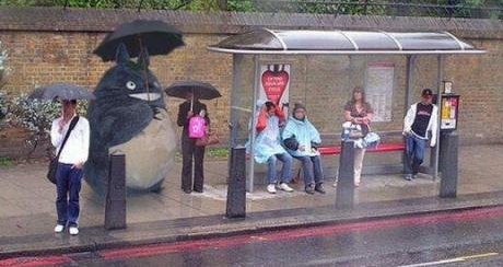 someone dressed up as Totoro at a bus stop in Japan