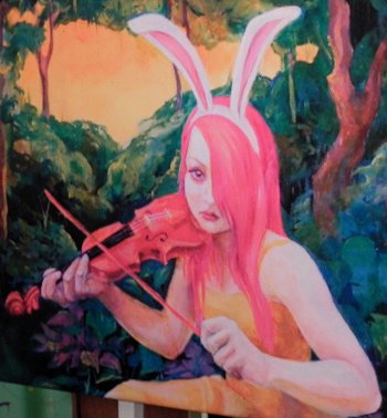 girl with bunny ears playing the violin