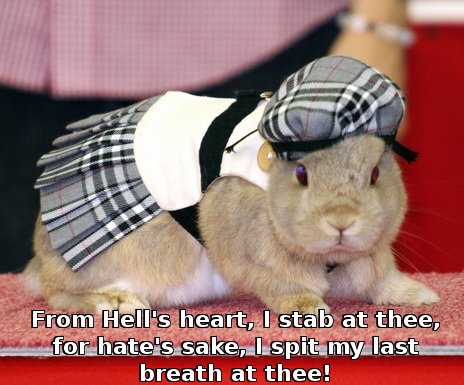 bunny in kilt, quoting Captain Ahab, saying 'From Hell's heart, I stab at thee, for hate's sake, I spit my last breath at thee!' 