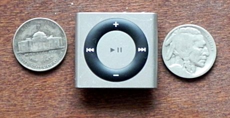 ipod shuffle, 1944 wartime nickel, very old and worn buffalo nickel