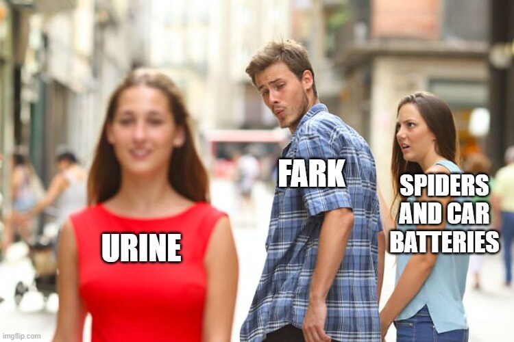 distracted boyfriend Fark looks at urine instead of spiders and car batteries
