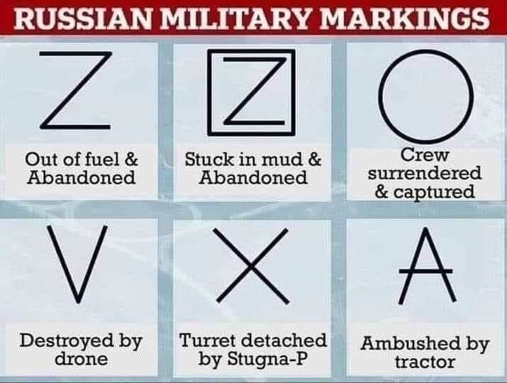 Parody of Russian military markings, 'Out of Fuel and abandoned', 'Stuck in mud and abandoned', 'Ambushed by Tractor'