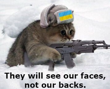 Ukraine cat, caption 'They will see our faces, not our backs'
