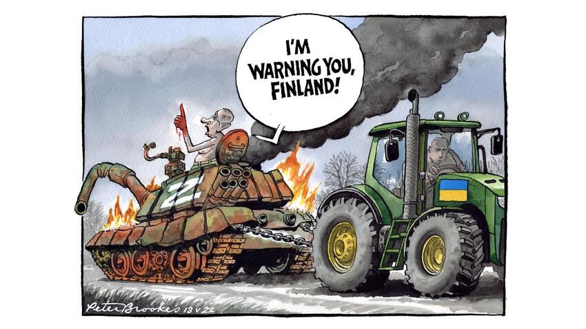 Russian tank says, 'I'm warning you, Finland!' while being towed by Ukrainian tractor