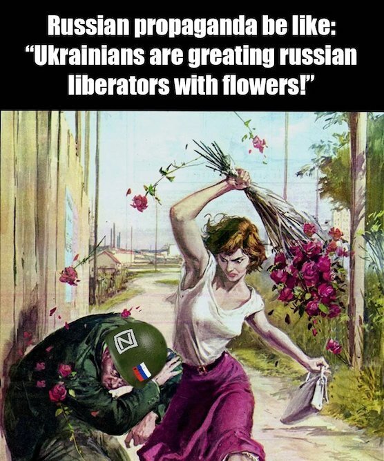 Propaganda says Ukrainians are greeting Russians with flowers. Reality shows Ukrainian woman hitting a Russian with flowers