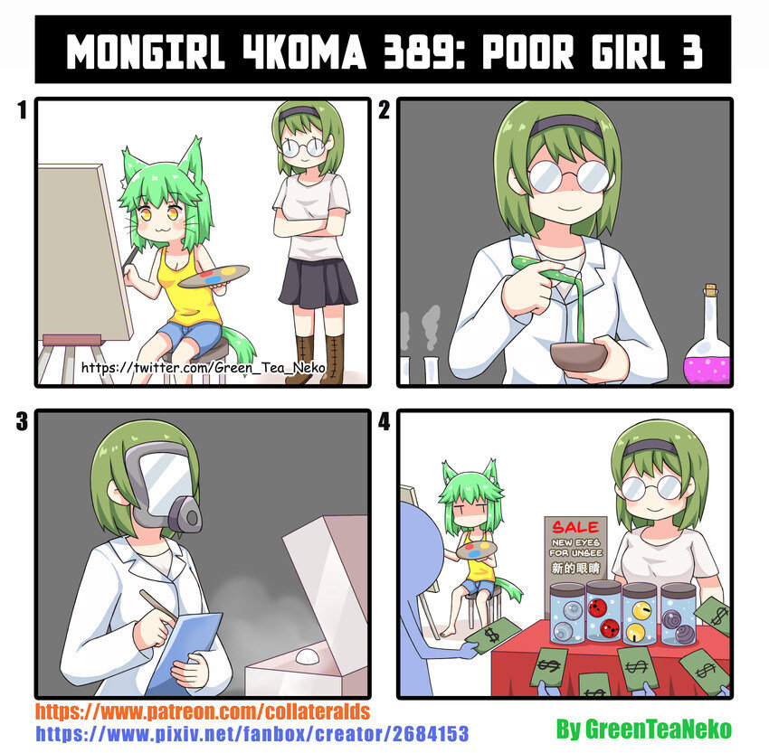 1: catgirl paints picture which science girl sees 2: science girl does science 3: science girl does more science 4: science girl sells 'New Eyes For Unsee', lots of people want this