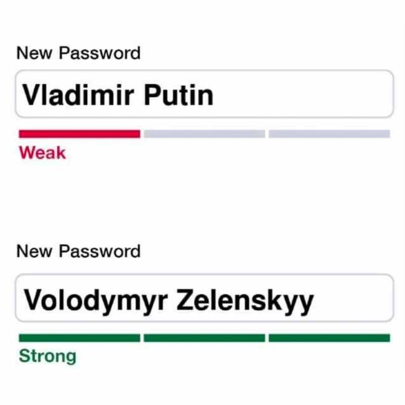 new password. 'Vladimir Putin' weak, 'Volodymyr Zelenskyy' strong