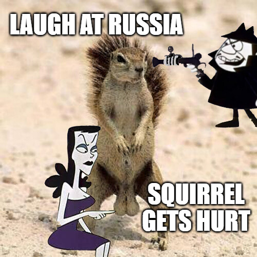 Boris and Natasha menace the Fark squirrel, saying 'Laugh at Russia, squirrel gets hurt'
